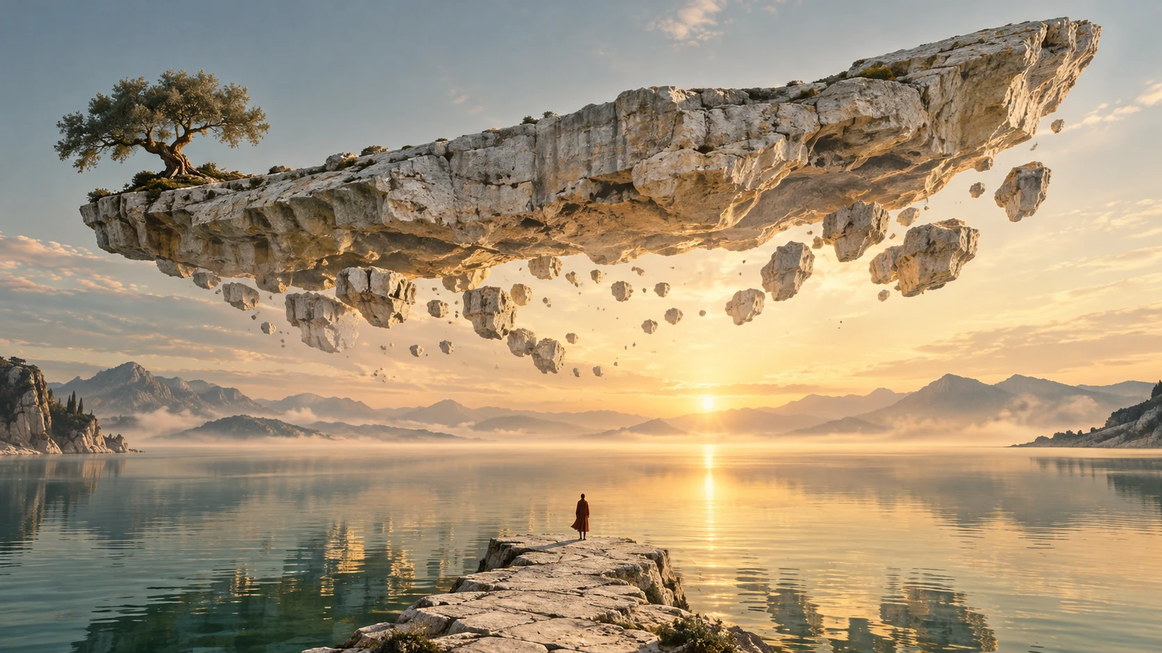 Una isla de piedra con un olivo flota sobre un lago; una pequeña figura contempla el horizonte.