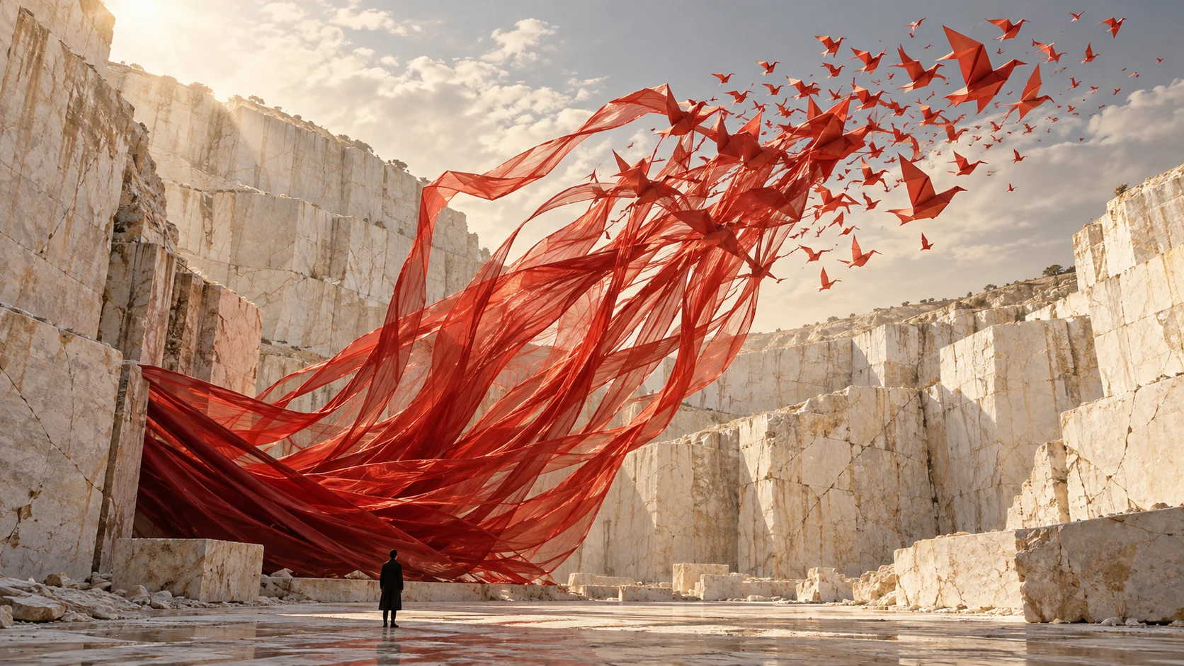 Una tela roja se transforma en una bandada de origami alrededor de una figura diminuta.
